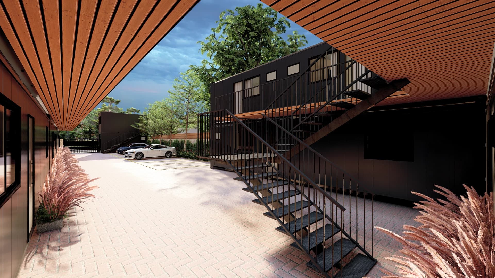 Render do projeto: escada metálica, passarela superior e detalhes amadeirados das marquises