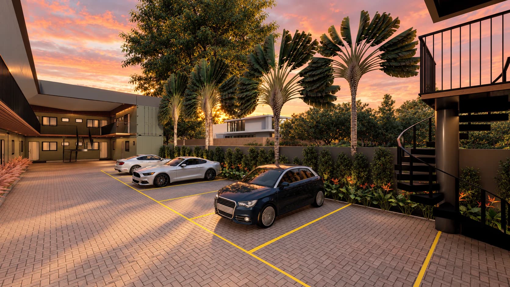 Render do projeto: vagas de estacionamento demarcadas, palmeiras e escada helicoidal metálica