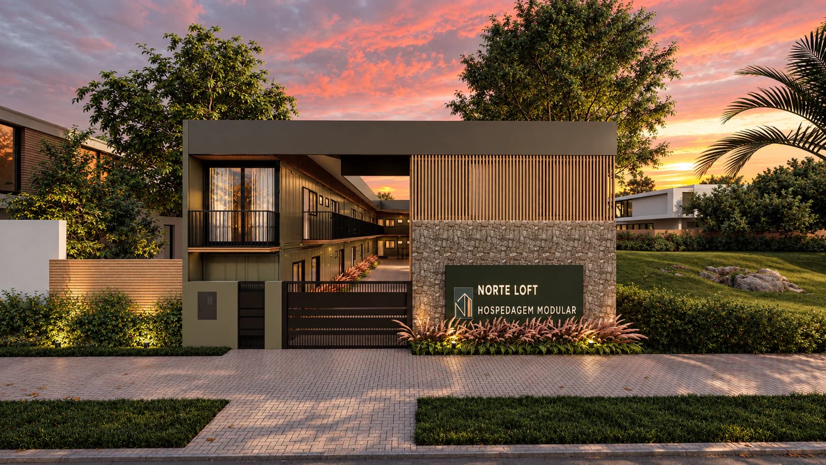 Render da fachada frontal da Norte Loft, com ripado de madeira, parede de pedra, letreiro e portão de acesso ao pátio