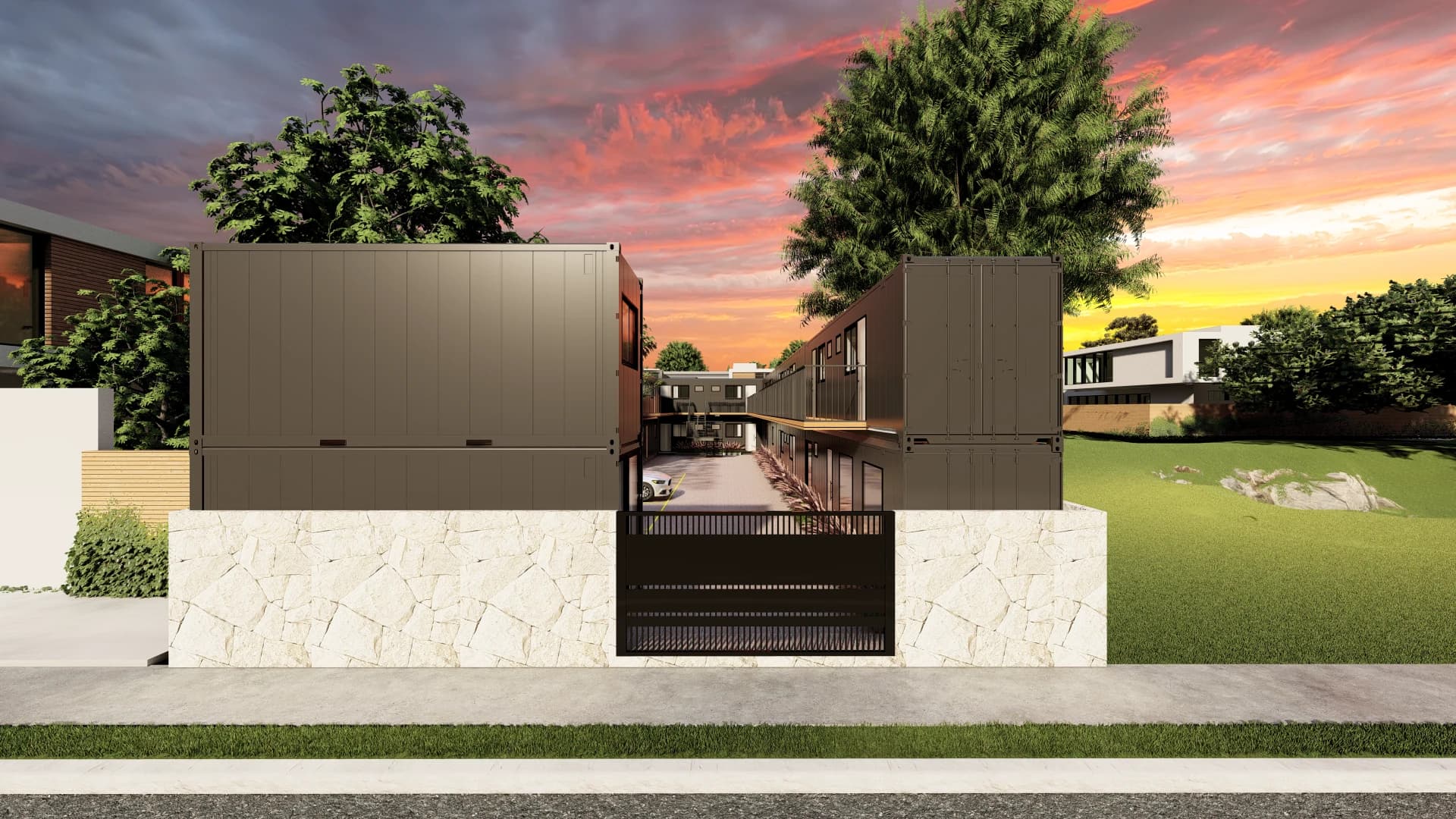 Render da fachada frontal do projeto Norte Loft e do acesso ao pátio