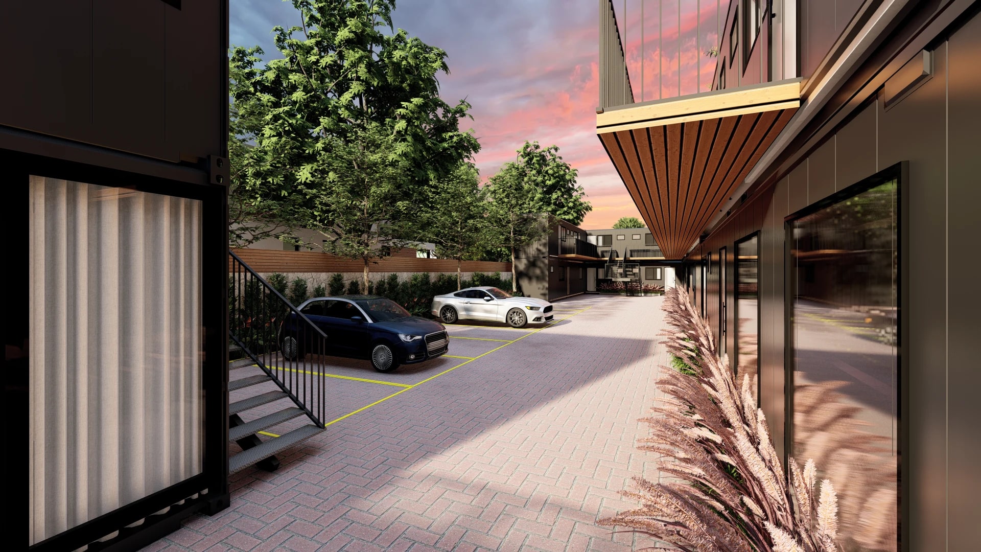 Render do projeto Norte Loft: chegada ao pátio entre os containers de dois pavimentos, com paisagismo e marquises amadeiradas